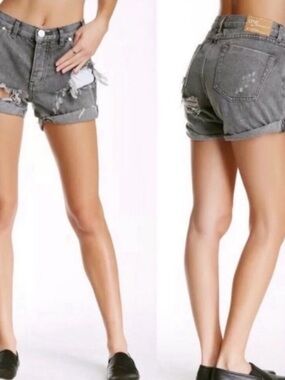 High-Rise Distressed Gray Denim Shorts